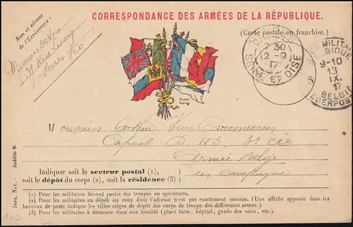 Poste de terrain français Sévres SON ET OISE 12.9. / BELGIE LEGERPOSTERIJ 13.10.17