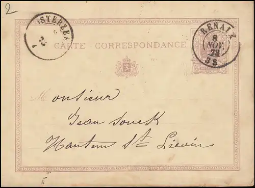 Belgique Carte postale P 4 chiffre 5 C. violet de RENAIX 8.11.1873