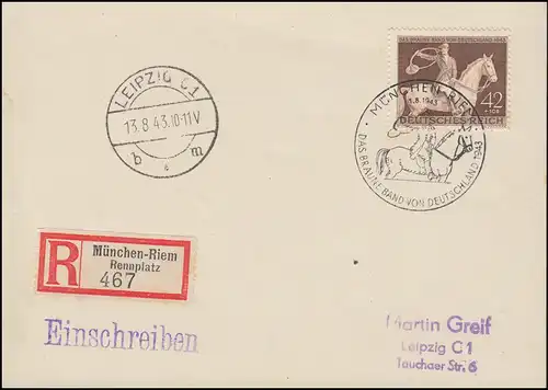 854 Das Braune Band Jagdreiter 1943 R-Karte SSt MÜNCHEN-RIEM 1.8.43 n. Leipzig