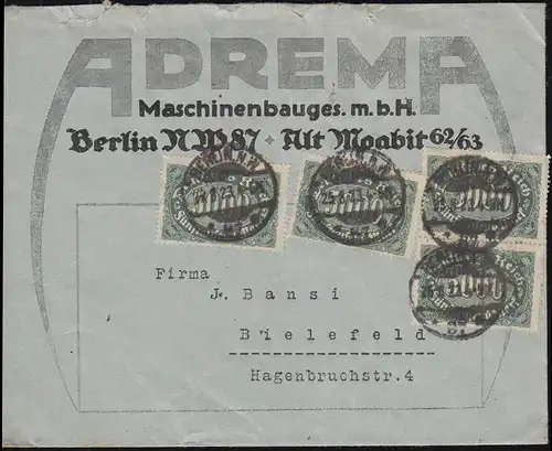 256 Infla-MeF auf Brief Firma ADREMA in BERLIN 25.8.23 nach Bielefeld