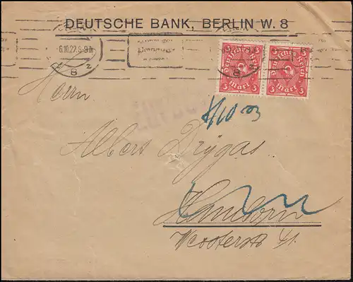 225 Posthorn 3 Mark en couple comme MeF sur lettre BERLIN 6.10.1923 à Hanovre