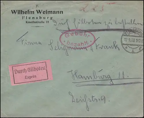 Infla-Notausgabe Gebühr-bezahlt-Stempel oval auf Express-Brief FLENSBURG 12.9.23