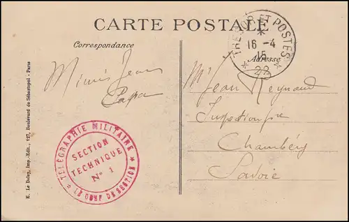 Poste français TRESOR ET POSTE 16.4.1915 / Télégraphie SECTION TECHNIQUE