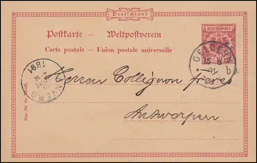 Postkarte P 25/01 mit DV 491 l von GELDERN 15.8.91 nach ANVERS 16.8.1891