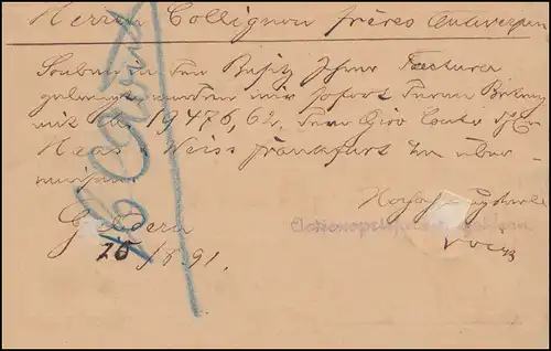 Carte postale P 25/01 avec DV 491 l de GELDER 15.8.91 vers ANVERS 16.8.1891