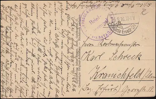 Feldpost B.S. Preuss. Garde-Inf. Regt. - 25.9.16 auf AK Euvezin - Total