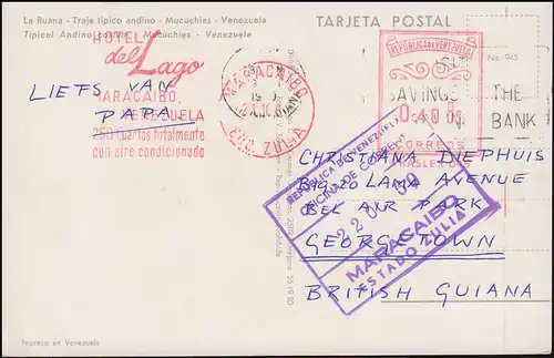 Venezuela Absenderfreistempel Hotel del Lago MARACAIBO 21.10.60 AK Anden-Tracht