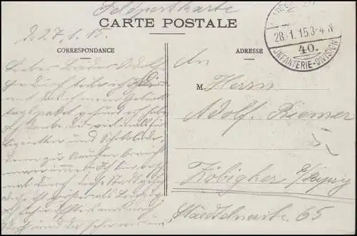 Poste de terrain 40. Division d'infanterie 28.1.15 sur AK Lille Theater et Neue Börse