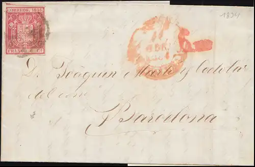 26 Wappen mit Königskrone 6 Cs. auf Brief 1854 nach Barcelona
