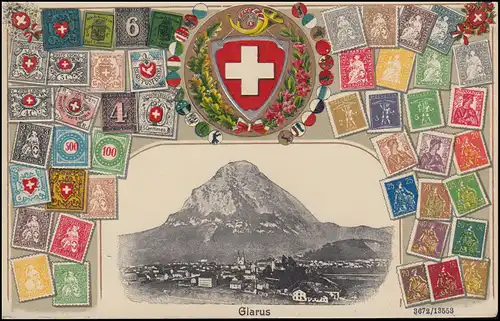 114 Helvetiabrustbild auf AK Briefmarken der Schweiz GLARUS 23.1.10 n. Landsberg