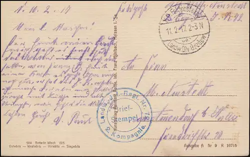 Feldpost S.B. Landwehr-Inf.-Regiment 72 - 11.2.17 auf AK Grab unbekannter Soldat