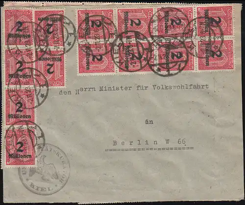 Infla 97 Dienstmarke 2 Mio. 50-fach auf Brief KIEL 2.11.1923 nach Berlin