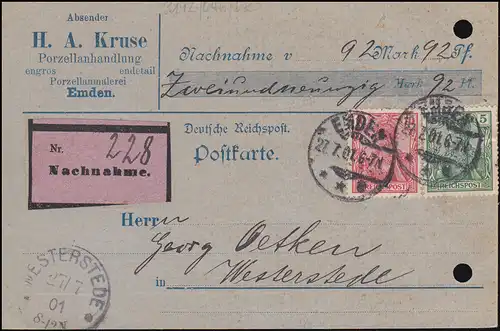 55+56 Germania-MiF auf NN-Karte der Porzellanhandlung Kruse in EMDEN 27.7.1901