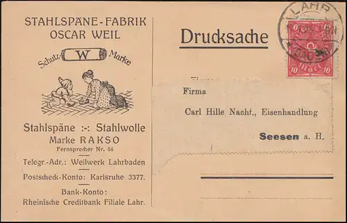 206 Posthorn als EF Drucksache Stahlspäne-Fabrik Weil in LAHR 1923 nach Seesen
