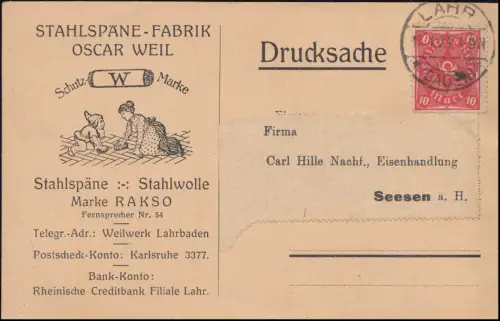 206 Posthorn als EF Drucksache Stahlspäne-Fabrik Weil in LAHR 1923 nach Seesen