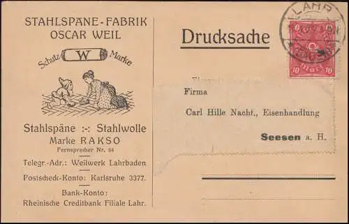 206 Posthorn en tant que EF Chose de pression usine de copeaux d'acier Weil in LAHR 1923 vers Seesen