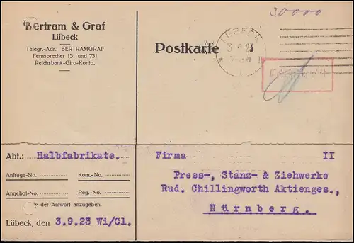 Infla-Notausgabe Gebühr-bezahlt-Stempel auf Postkarte LÜBECK 3.9.23 n. Nürnberg
