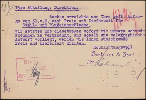 Infla-Expédition d'urgence Temple payant sur carte postale LÜBECK 3.9.23 n. Nuremberg
