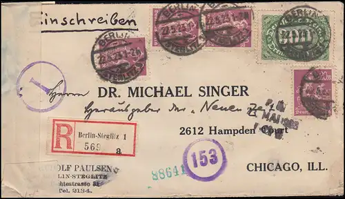 Zensur auf Infla-Brief als Einschreiben MiF BERLIN-STEGLITZ 22.5.23 nach CHICAGO