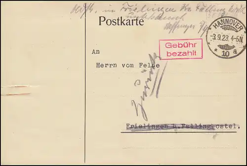 Infla-Expédition d'urgence Temple de frais-payé carte postale HANNOVER 3.9.23 n. Frielingen