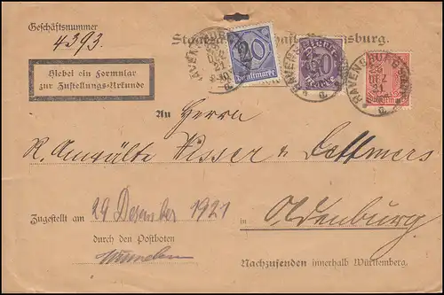 26+29+30 timbres de service sur l'instrument de signification RAVENSBURG 28.12.21 vers Oldenburg
