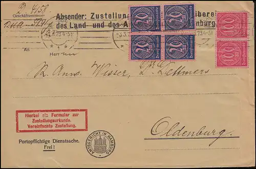 72+74 timbres de service sur l'instrument de signification AMBURG 3.3.23 vers Oldenburg