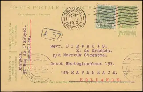 Belgien Postkarte P 38 mit Sonntagsanhängsel und mit Zusatzfr. BRÜSSEL 11.5.1912