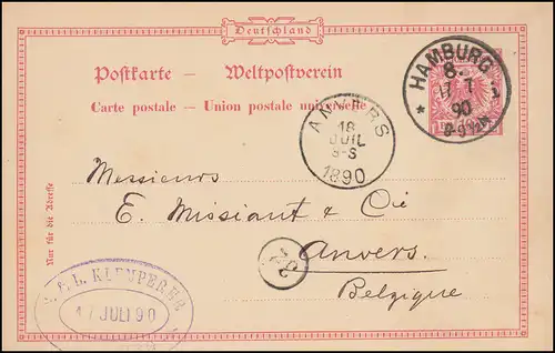 Postkarte P 21I als Auslandspostkarte von HAMBURG 17.7.90 nach ANVERS 18.7.1890