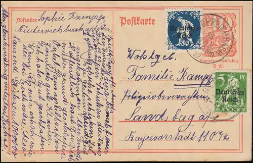 Carte postale P 141I Pokrieter avec 119+128, NIEDERVIEHBACH 13.1.1922 vers Landsberg