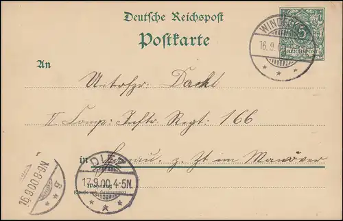 Carte postale P 36I de WINDECKEN 16.9.1900 à DIEZ 17.9. à adresse militaire ouverte
