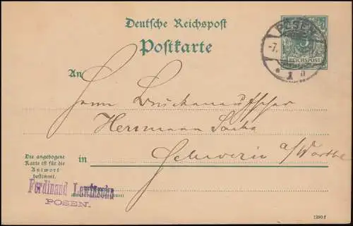 Postkarte P 24 Ziffer 5 Pf mit DV 1290f aus POSEN 7.9.1891