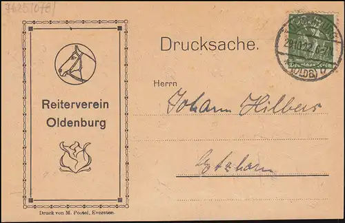 187 Berarbeiter 100 Pf als EF auf Drucksache Reiterverein OLDENBURG 29.10.1922