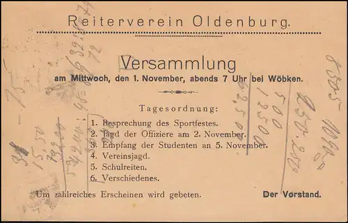 187 Berarbeiter 100 Pf als EF auf Drucksache Reiterverein OLDENBURG 29.10.1922