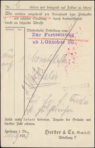 Infla-Notausgabe Gebühr-bezahlt-Stempel Bücherzettel FREIBURG/BREISGAU 25.9.23 