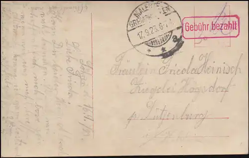 Infla-Expédition d'urgence Temple payant sur AK MALENTE-GREMSMÜLEN 17.9.1923