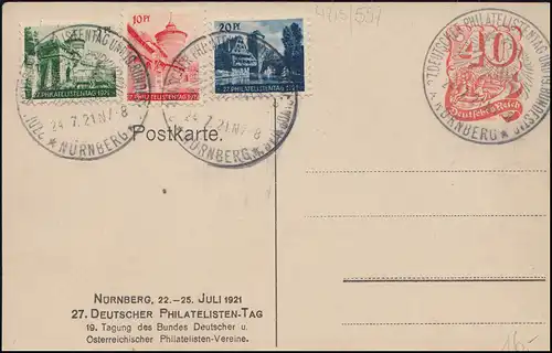 PP 52 Nuremberg 27 Journée allemande des philatélistes 1921 SSt 24.7.21 avec 3 vignettes