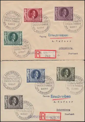 844-849 Geburtstag-Satz: 2 R-Briefe Deutsche Dienstpost SSt AMSTERDAM 20.4.43