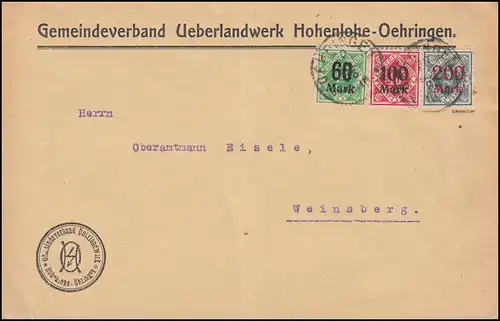 Württemberg Dienstmarken-MiF Brief OEHRINGEN 20.7.23 nach Weinsberg, INFLA-gepr.