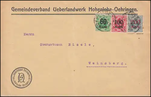 Wurtemberg Timbres de service-MiF Lettre OEHRINGEN 20.7.23 vers Weinsberg, INFLA-gepr.