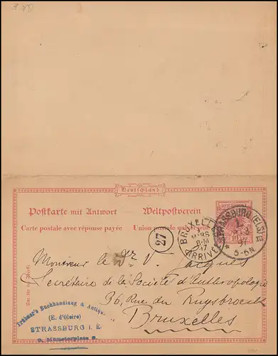 P 27/02 Double carte avec DV 1295 f de STASSBURG/ELS 8.3.1897 à BRUXELLES 9.3.