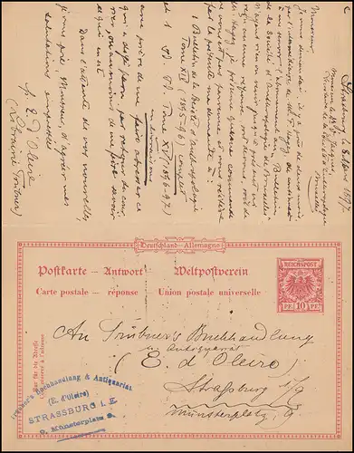 P 27/02 Double carte avec DV 1295 f de STASSBURG/ELS 8.3.1897 à BRUXELLES 9.3.