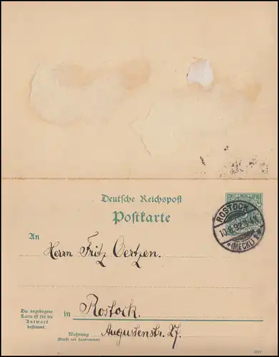 P 31a Doppelkarte ROSTOCK 10.8.1892 nach Rostock, Antwortkarte unbenutzt