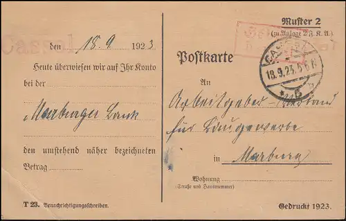 Infla-Notausgabe Gebühr-bezahlt-Stempel auf Postkarte CASSEL 18.9.23