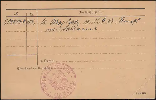 Infla-Expédition d'urgence Temple payant sur carte postale CASSEL 18.9.23