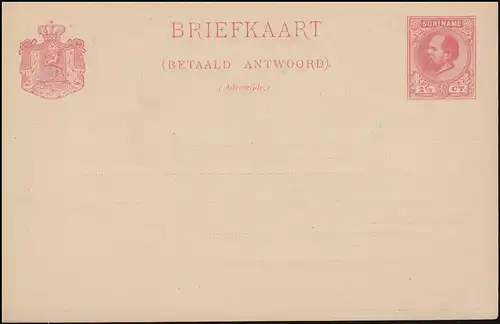 Surinam Antwort-Postkarte / Betaald Antwoord 2 1/2 Ct. rs. Zudruck, ungebraucht