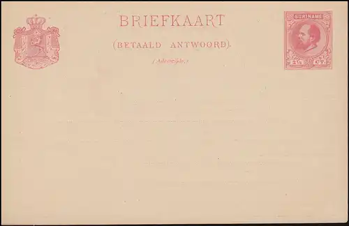 Suriname Carte postale de réponse / Betaald Antwoord 2 1/2 Ct. rs. Impression, non utilisée