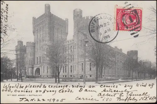 Ansichtskarte 74th Regt Armory BUFFALO N.Y. 22.1.1905  nach Frankreich