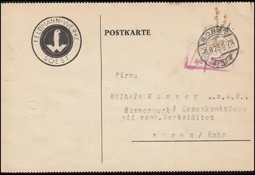 Infla-Notausgabe Gebühr-bezahlt-Stempel Postkarte SOEST 6.9.1923 nach Essen