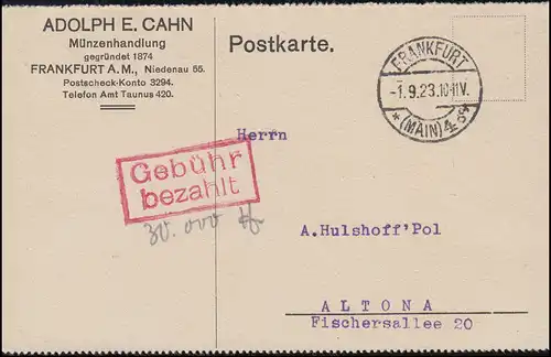Infla-Notausgabe Gebühr-bezahlt-Stempel Postkarte FRANKFURT / MAIN 1.9.1923