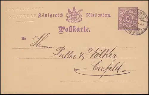 Postkarte P 26 IIa mit K. WÜRTT. BAHN-POST 29.10.86 von Stuttgart nach Crefeld